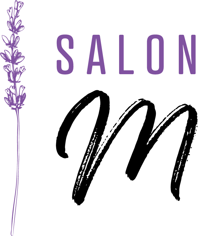 Logo for Salon M featuring a lavender sprig and stylized text in purple and black, embodying a touch of elegance that reflects our rewards program.