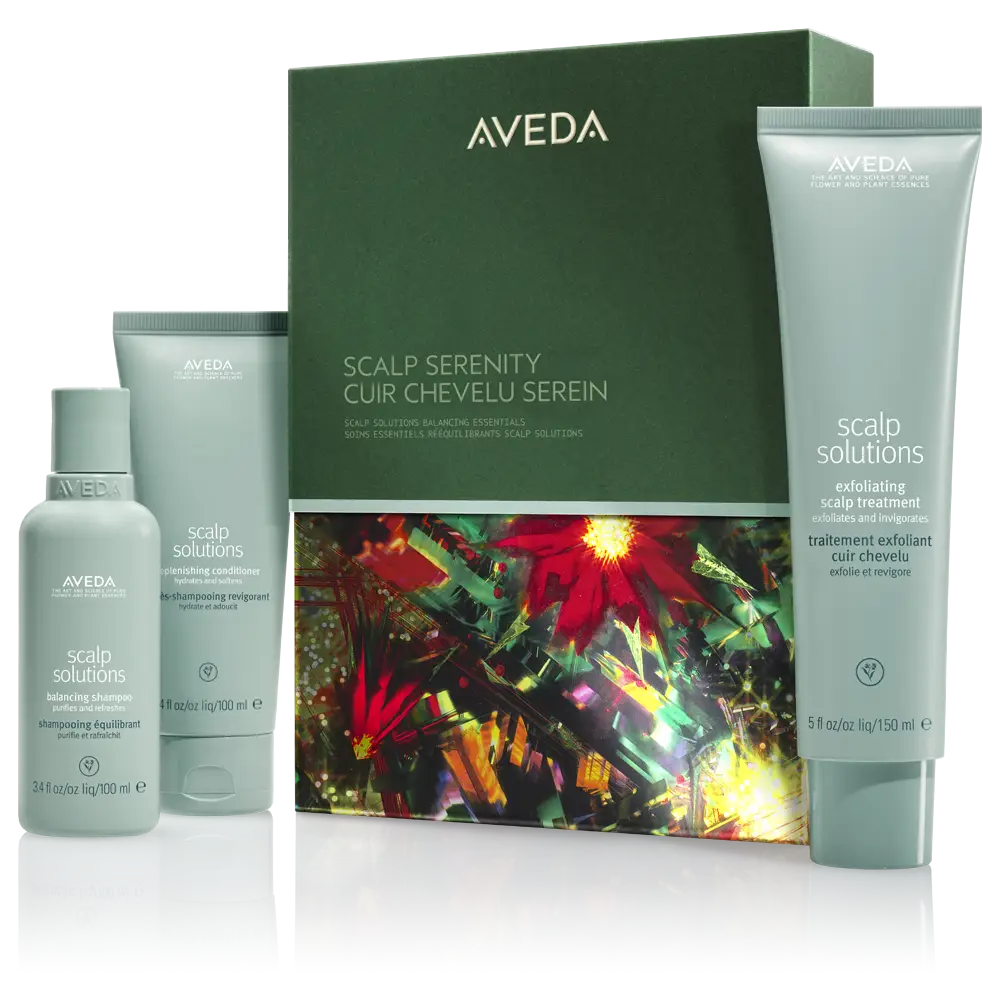 Aveda Scalp Solutions haircare set shown with three products in light green packaging and a decorative box with a red and green abstract design—perfect for winter hair rituals and achieving radiant hair all season.