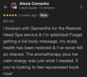 Google review for Salon Madeleine Head Spa praising aromatherapy and scalp health benefits.